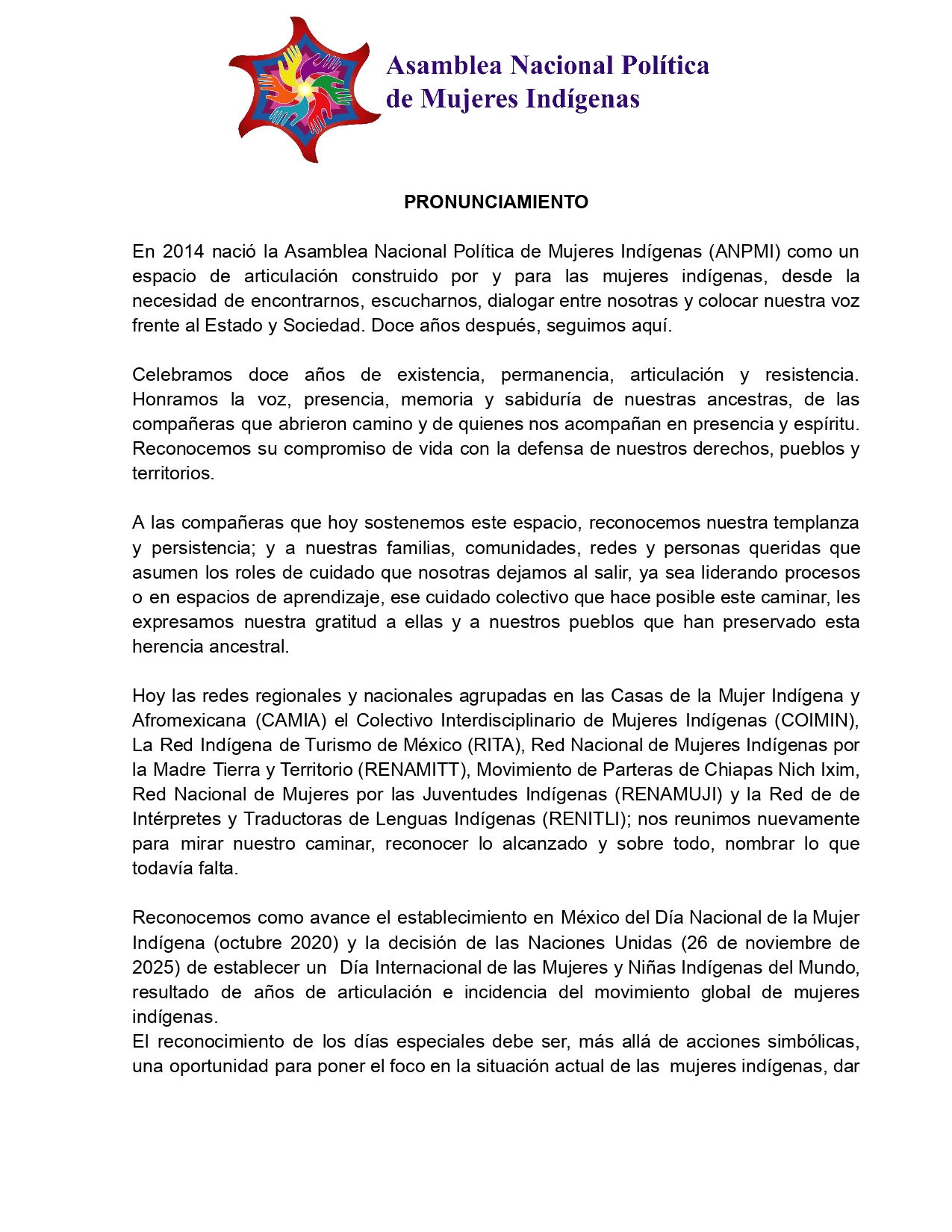 Pronunciamiento a 12 años de caminar